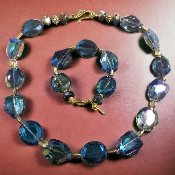 Cobalt Blue Statement Necklace & Bracelet Iridescent Faceted Glass Bead Jewelry - Picture 2 of 9